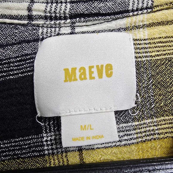 Maeve Shirt Women M/L Yellow Plaid Button Up Embroidered 3/4 Sleeve Flowers Boho - Picture 5 of 14